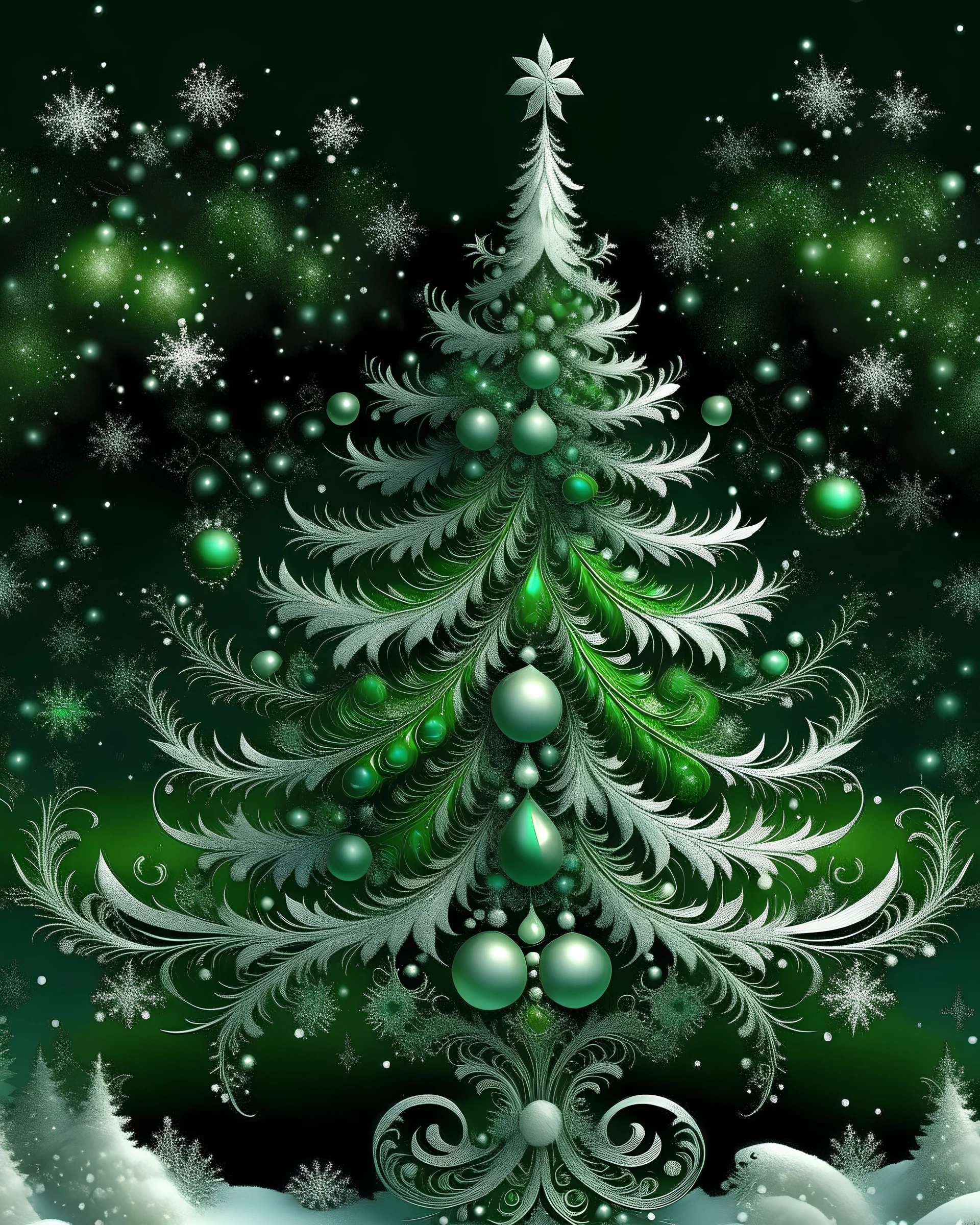 beautiful snow covered green christmas tree portrait, textured detailed bioluminescence and green Leaves with giant snowflake ornaments adorned with renaissance style silver and black ornaments and white pearls, and black diamond white and black and green mistletoe fllowers organic bio spinal ribbed detail of detailed creative rennaisance style light green colour florwers by moonlight Auróra borealis background expressively, extremely detailed hyperrealistic maximálist concept art