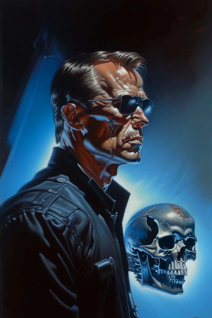 1970's dark fantasy cover dnd style oil painting of terminator with a glass brain in a minimalist far perspective.