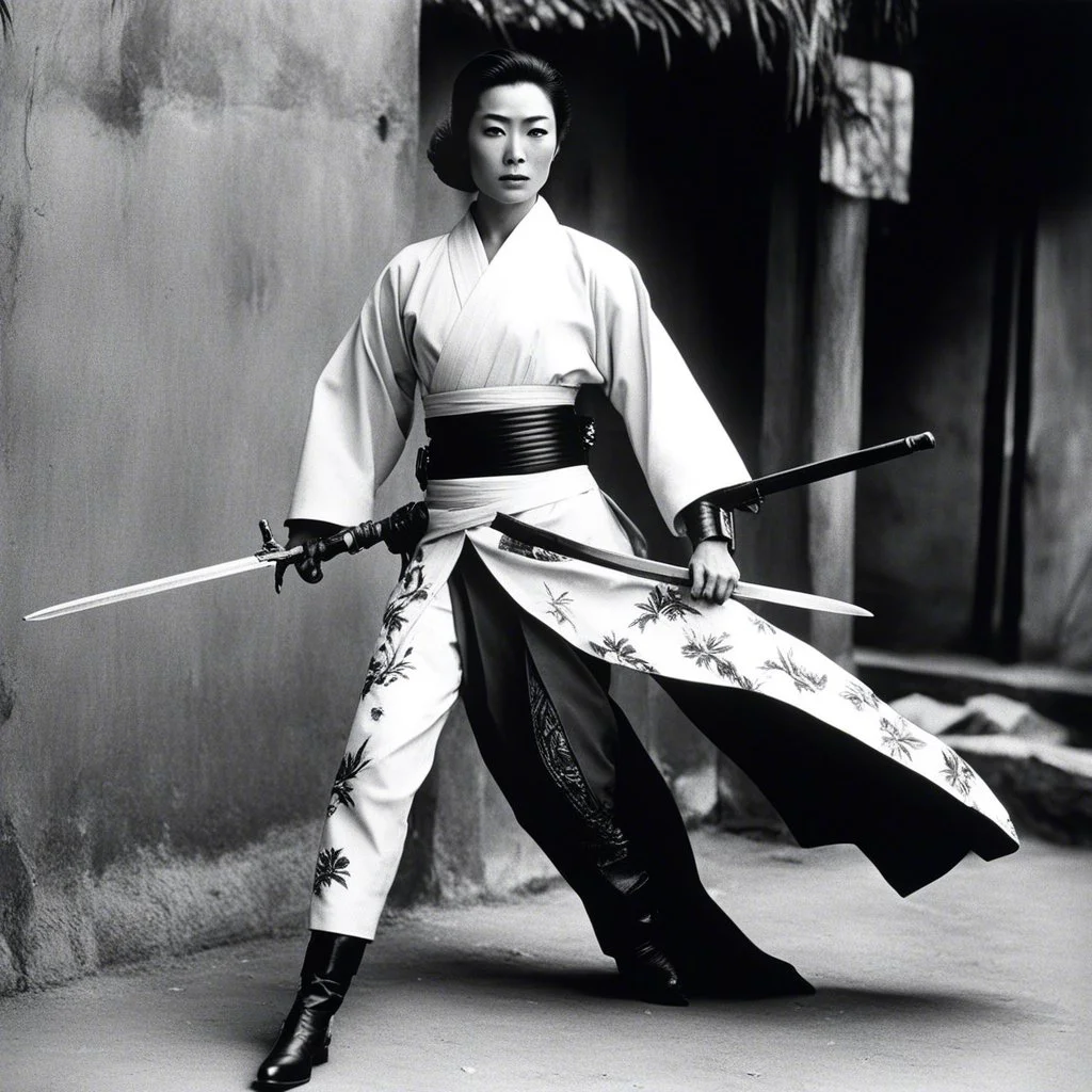 [photo of youthful Michelle Yeoh by helmut newton] The guardian stands tall, Kimono turned combat gear, Beauty wields power. A weapon in each hand: Skillful hands at work,Firearm and blade in balance, Enforcer's resolve. Her strength emanates, Ancient grace meets modern might, she attacks