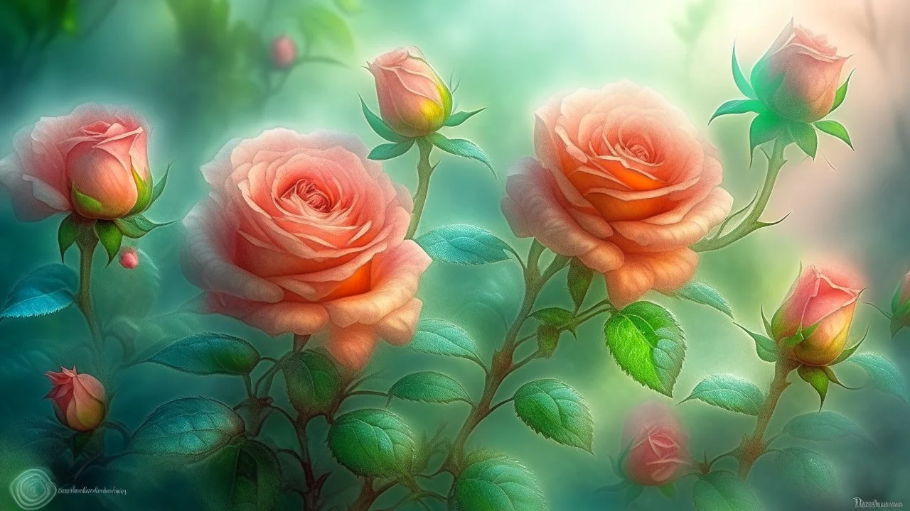 magic Watercolor, double Chinese rose bush, ultra-detailed, morning, rain, greenery, beautiful landscape, fog, many details, delicate sensuality, realistic, high quality, 3d, work of art, hyperdetalization, filigree, foggy haze background, hyperrealism, professional, transparent, delicate pastel tones, back lighting, contrast, fantastic, unreal, translucent, glowing, clear lines, epic fabulous, fabulous landscape, hyperrealism