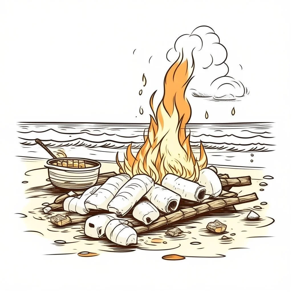 A beach bonfire with marshmallows roasting, cozy, festive, warm firelight, T-shirt design graphic, vector, contour, white background