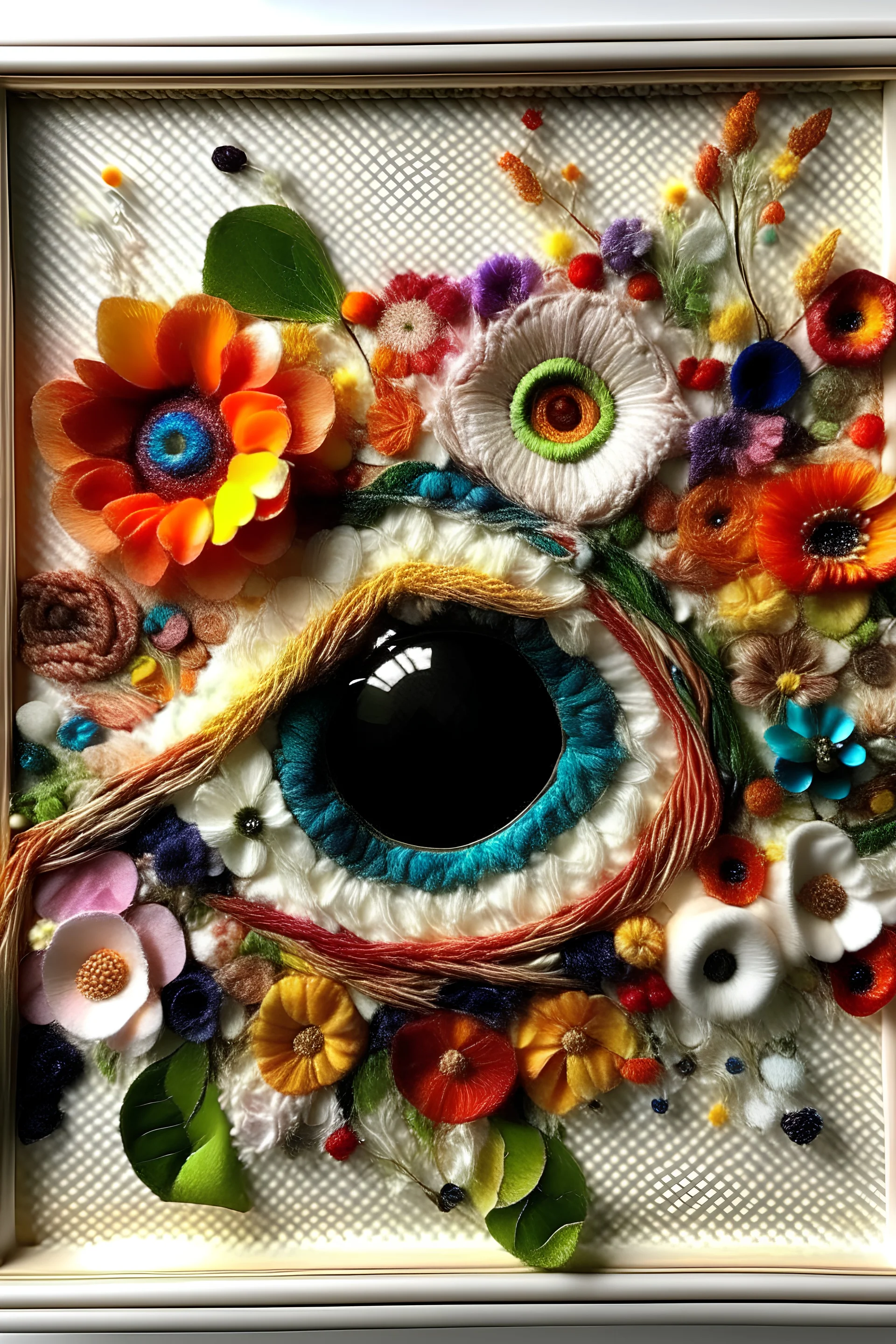 horizontal frame, there is an eye throughout the image, expressive and realistic. They are visible on the white part of the cut, sewn with colored thread. Flowers come out of the seams, very colorful