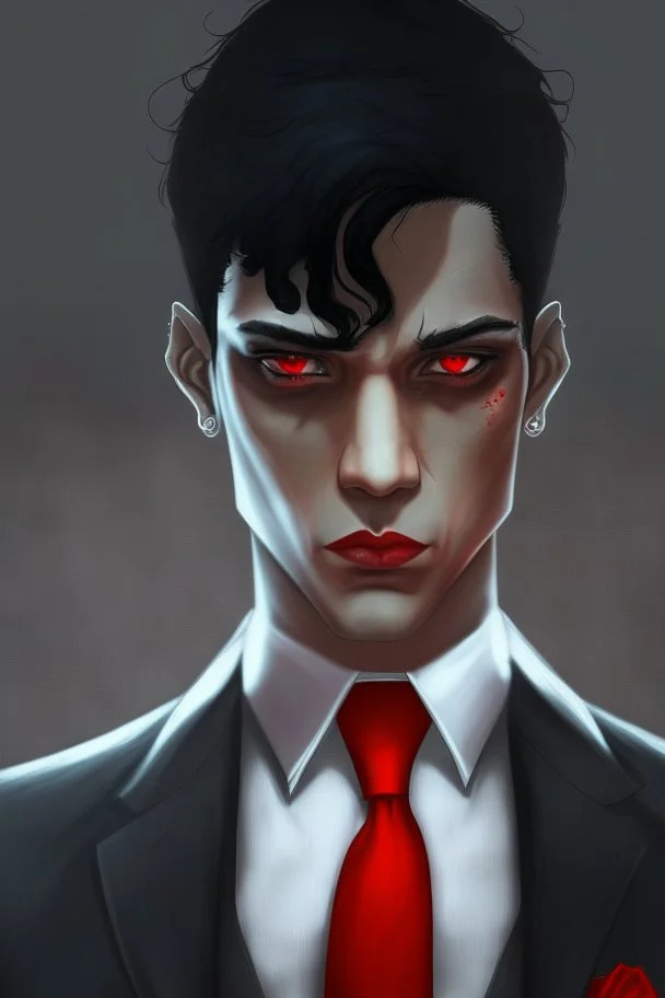 Realistic, red eyes, light skin, short black hair, red earring, suit and tie clothing, gloves on hand