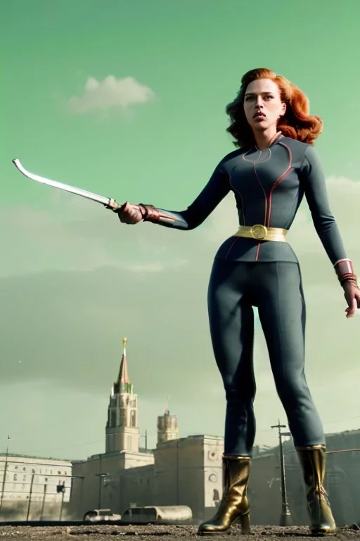 retro portrait image from 1960, Moscow background, wind, long red hair, fighting stance, sweet young Scarlett Johansson, classic tight lycra black suit, weapon, gold bracelet and belt, high heel boots, soft color, highly detailed, unreal engine 5, ray tracing, RTX, lumen lighting, ultra detail, volumetric lighting, 3d, finely drawn, high definition, high resolution.