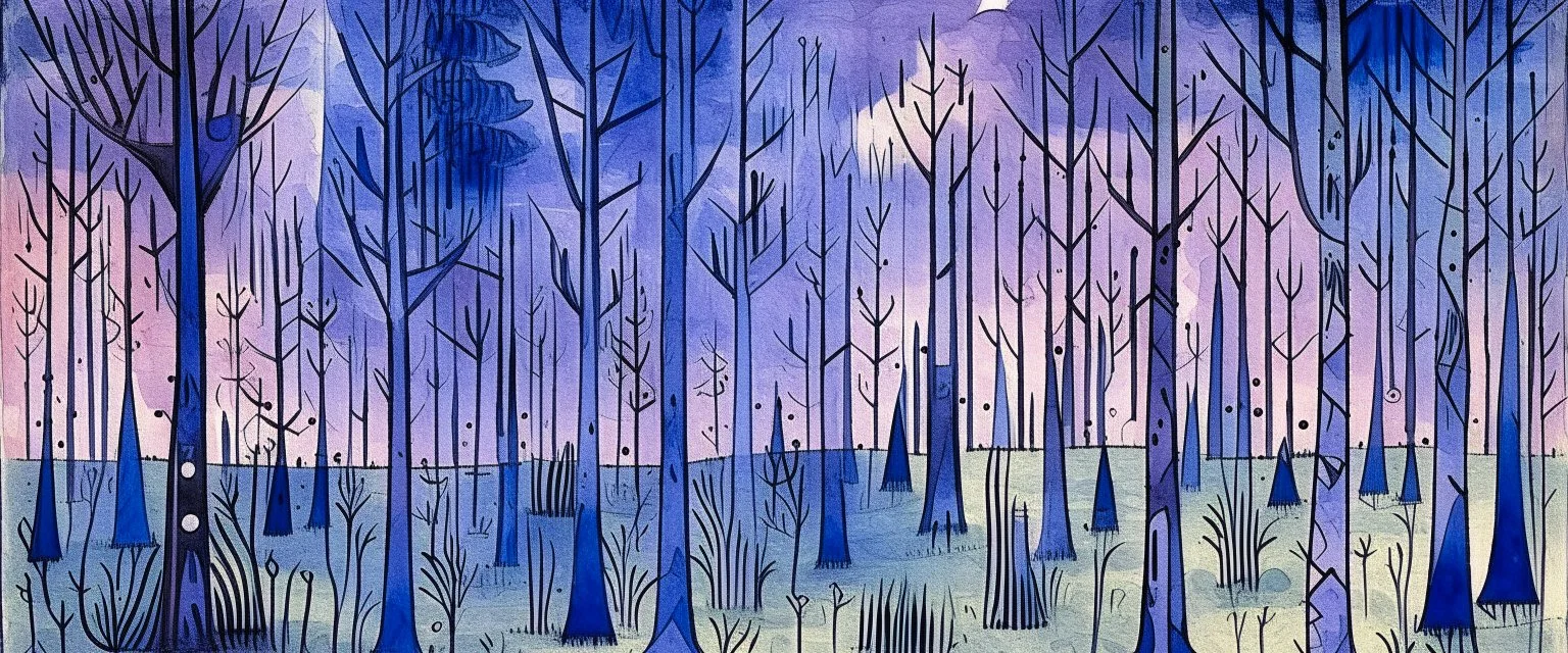 A violet haunted forest with lightning elemental beetles painted by Paul Klee