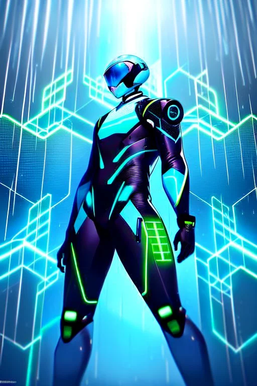 cyberpunk, neon blue, high technology, geometric figures, orbiting figures, cyberpunk suit, black and blue, epic, rain, neon blue suit, geometric figures orbiting around suit, exosuit, male