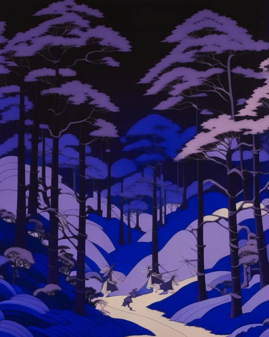 A dark purple forest with windmills painted by Katsushika Hokusai