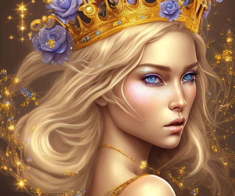 divinita donna meravigliosa occhi chiari e capelli biondi, con corona oro e blu vestita di fiori e veli trasparenti, glitter