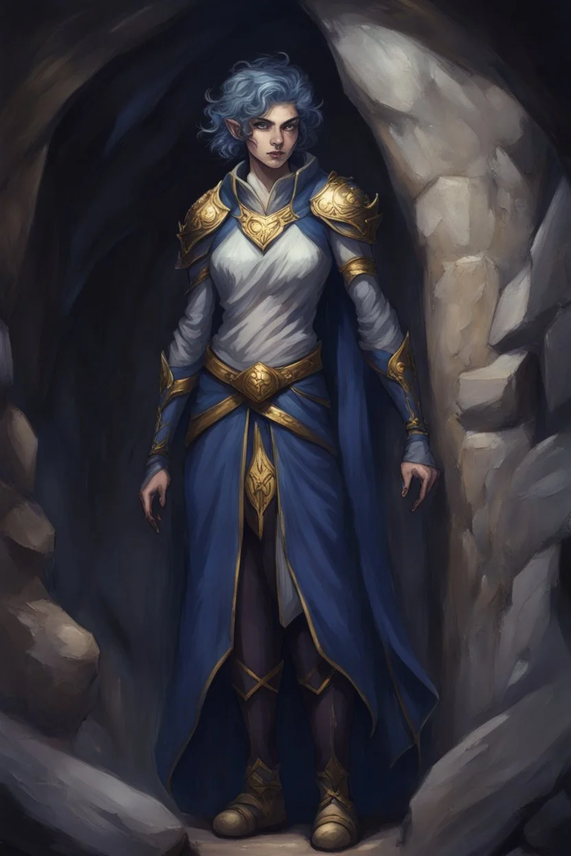 Dnd character in a dark cave. Leaning against a wall. A female Elf twilight cleric with super curly, super short, dark blue hair and golden eyes, wearing gray and dark blue robes. With tattoos. Etheral, very muscular, broad.