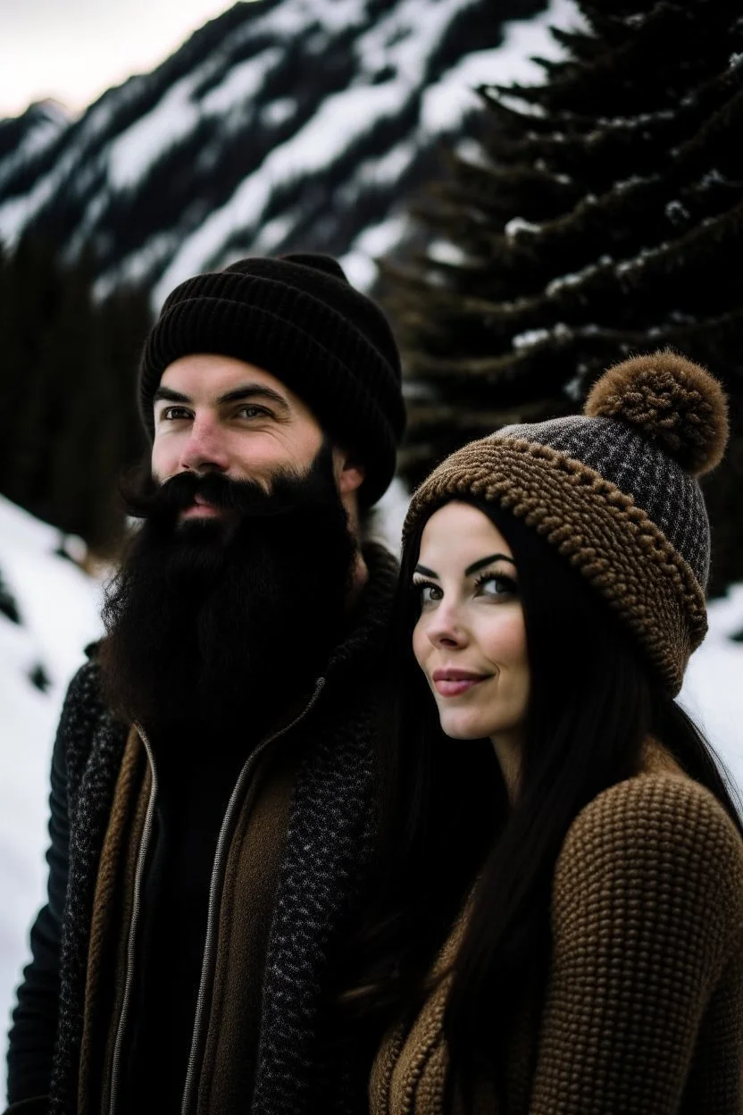 Mountain Christmas scene, dark haired couple, man with black beard