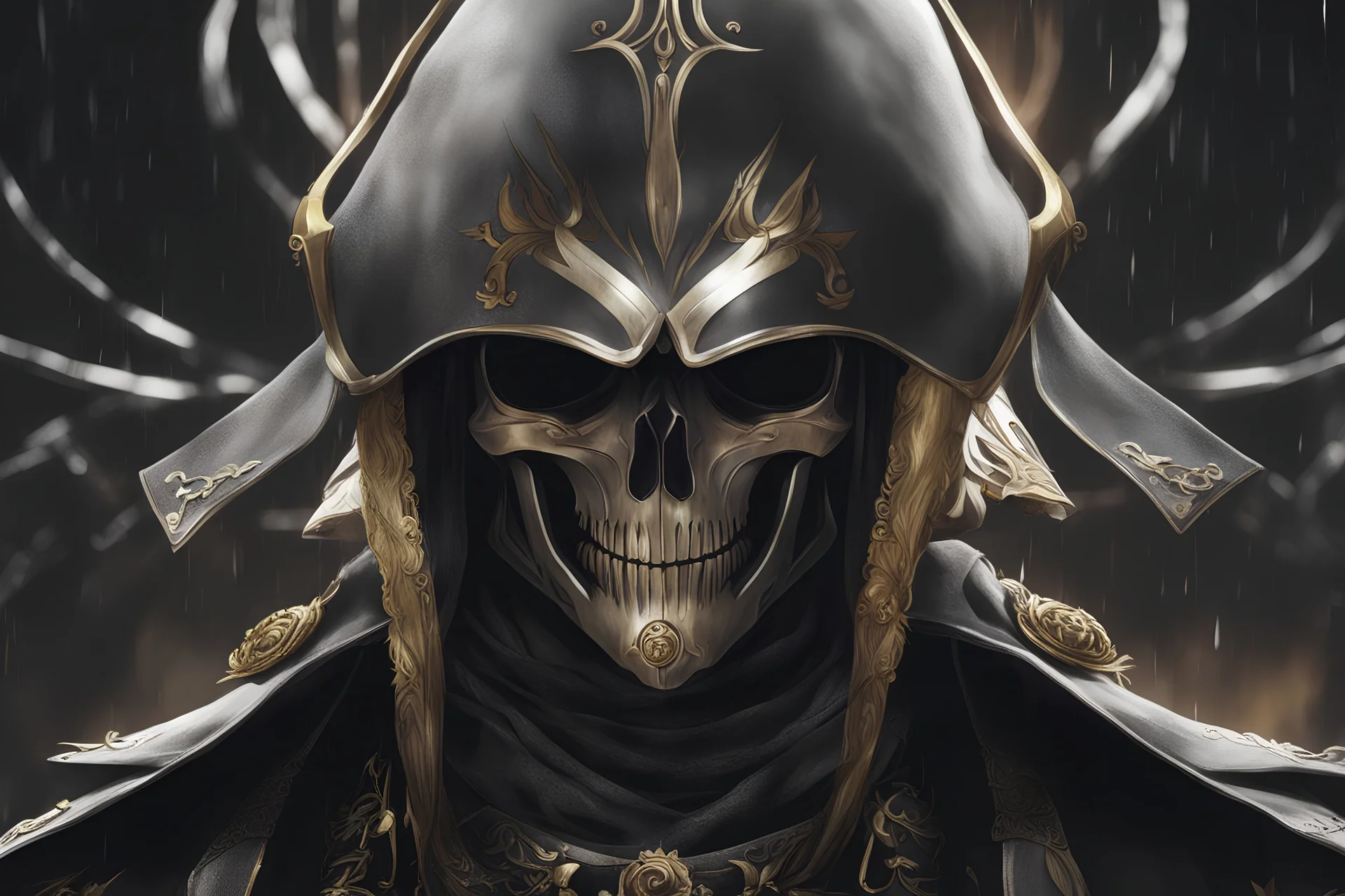 Ainz in 8k nier automata drawing style, overlord them, cinematic mood, close picture, rain, highly detailed, high details, detailed portrait, masterpiece,ultra detailed, ultra quality