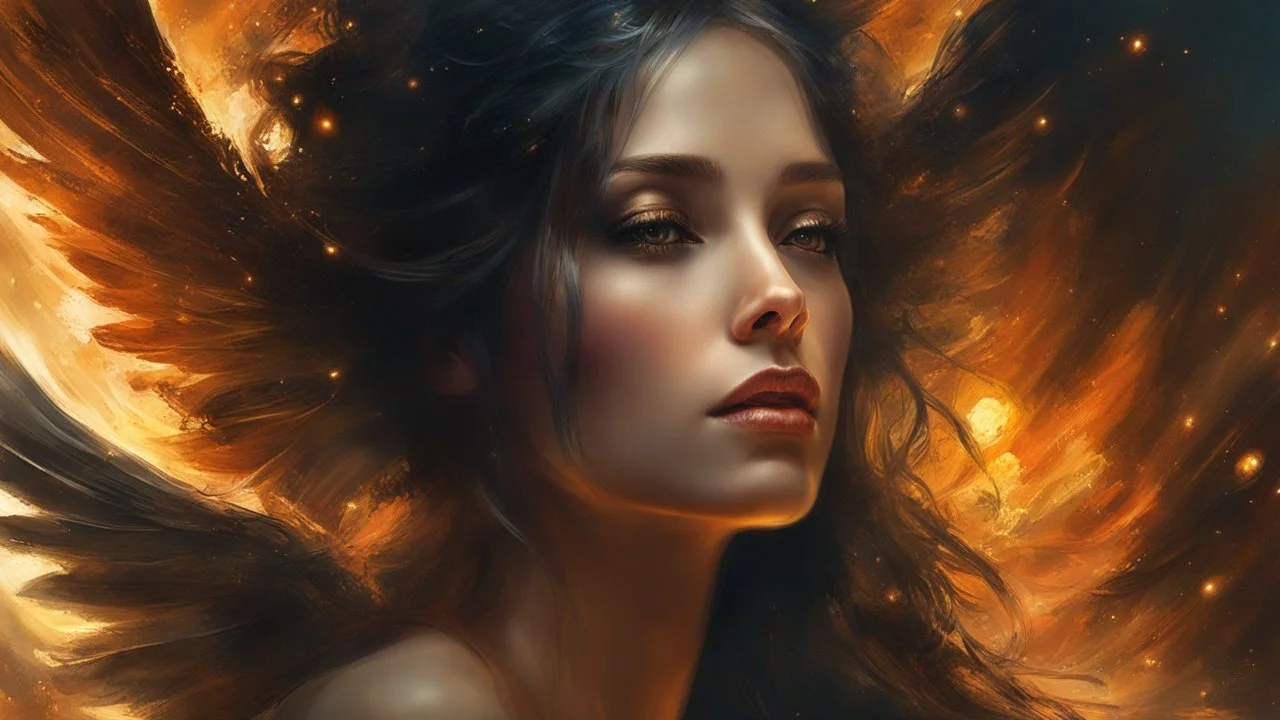 a female angel of light, divine creatures messengers of the kingdom of heaven, protectors. illuminated composed of fire and light. luminous beings with wings and halos, celestial beings.. detailed cinematography, sharp focus :: mysterious esoteric atmosphere :: matte digital painting by Jeremy Mann + Carne Griffiths + Leonid Afremov, black screen, dramatic shading, detailed face