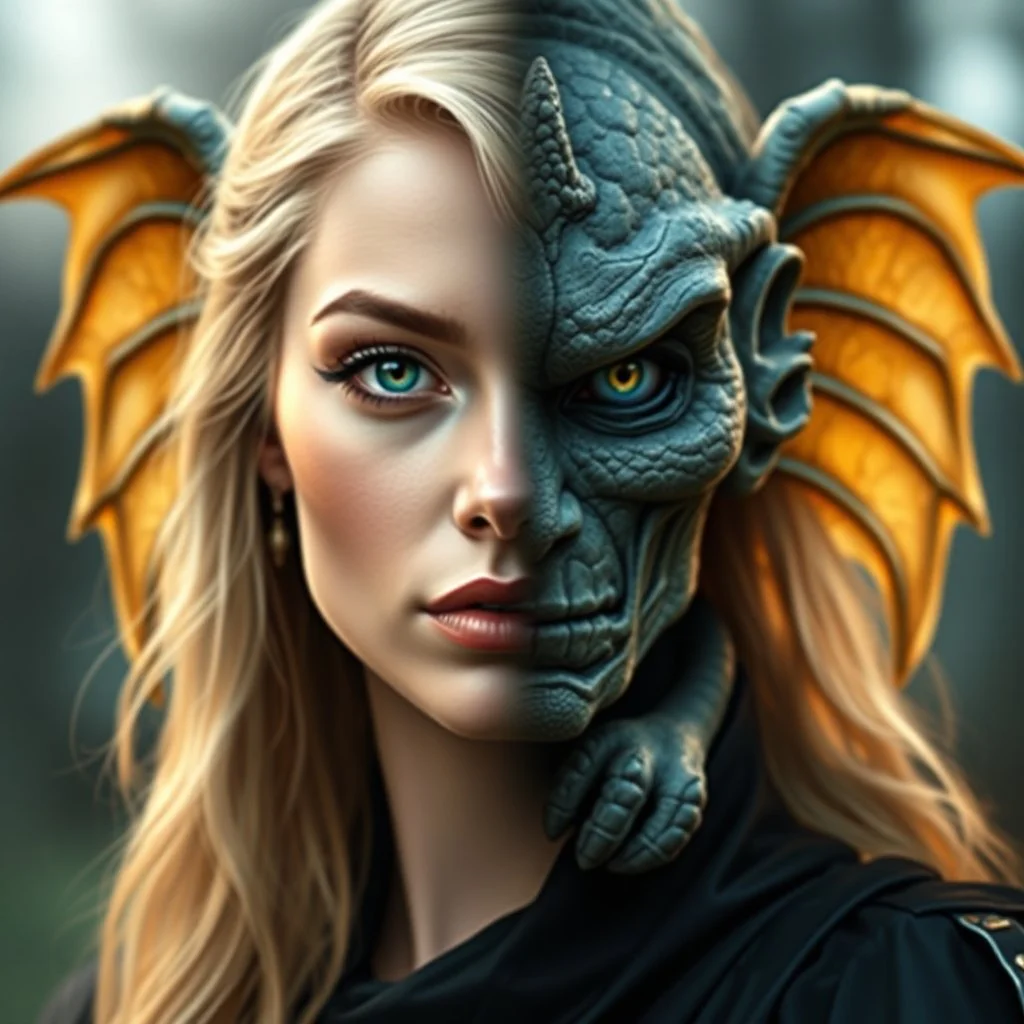 a portrait of a fantasy person. One half of their face is an attractive blonde woman in the day, the other a gargoyle statue at night