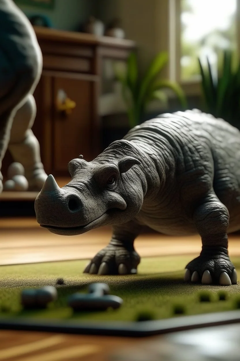 me using a hippo dinosaur on a doormat,shot on Hasselblad h6d-400c, zeiss prime lens, bokeh like f/0.8, tilt-shift lens 8k, high detail, smooth render, down-light, unreal engine, prize winning