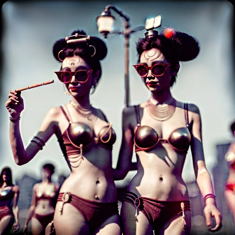 Ultra Realistic photo, medium shot view, geisha women, carnival scene, futuristic steampunk. hair monster, Drunken, Sunglasses, smoking, happy, hot. Cabaret background, highly detailed, concept art, unreal engine 5, ray tracing, RTX, lumen lighting, ultra detail, volumetric lighting, 3d, finely drawn, high definition, high resolution.