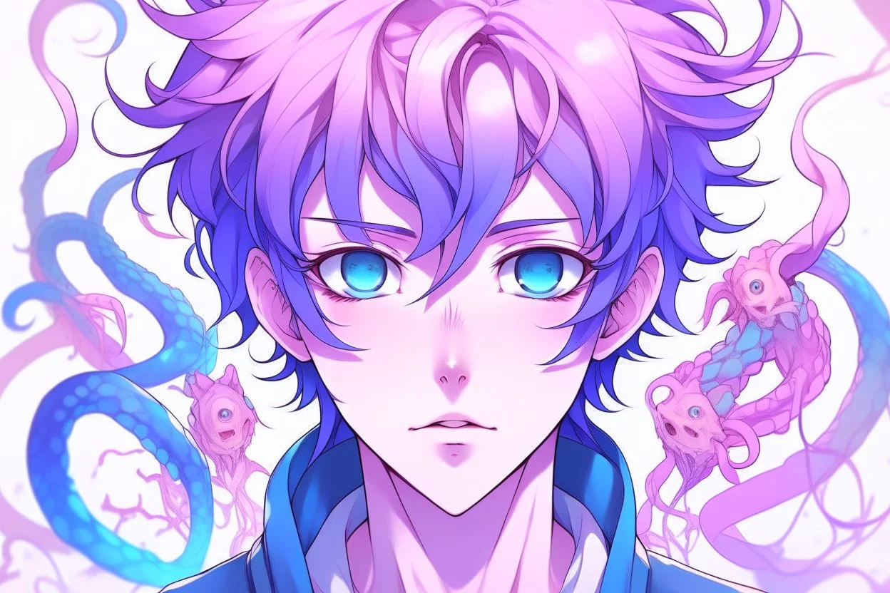 An anime man with messy short pink hair and narrow blue eyes with octopus tentacles.