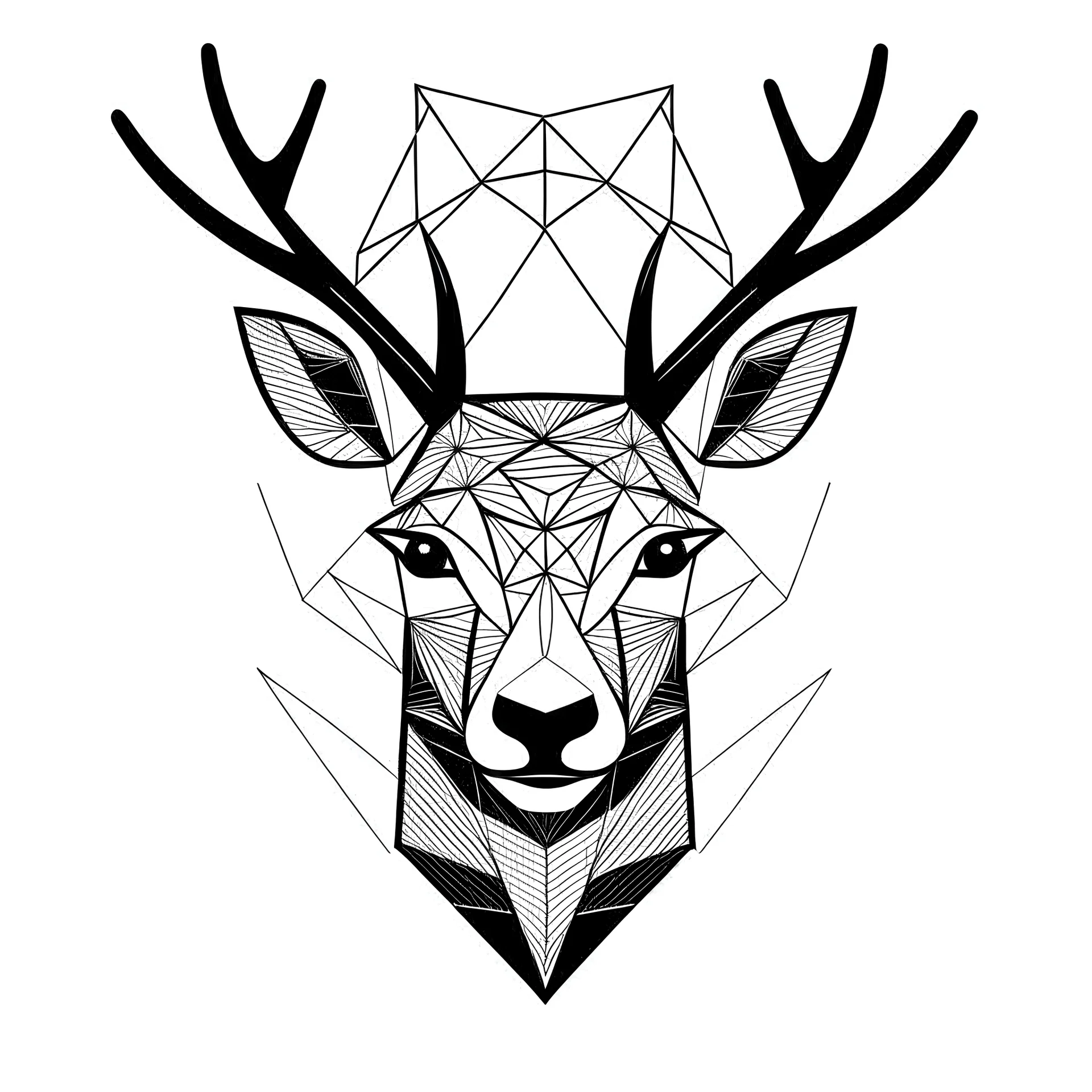 Poly line geometric deer face, engraved, black and white, clean white background