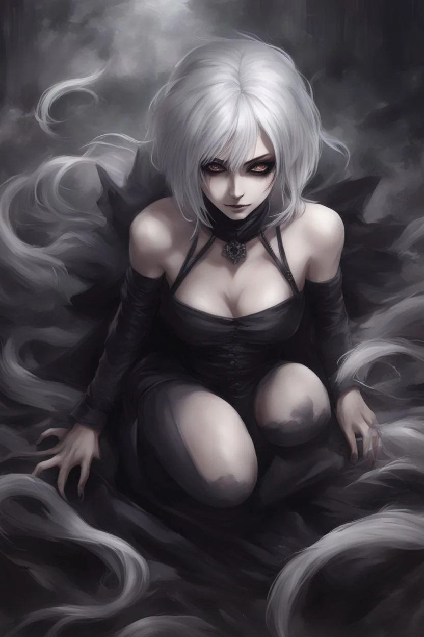 Beautiful goth girl crawling towards the camera in a scary position. White hair, dark make-up, grin on face, black, tight dress. Anime style, super realistic, smoky background