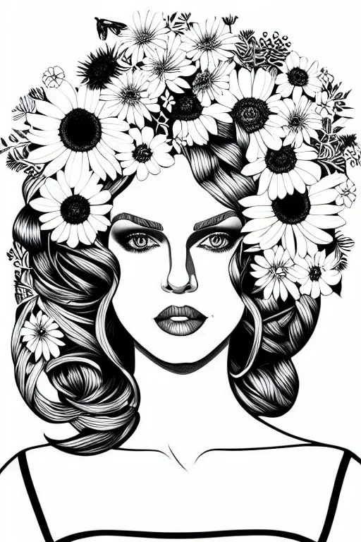 hyper detailed, black and white, thick line, coloring book illustration, lineart, stunningly beautiful woman in flowers