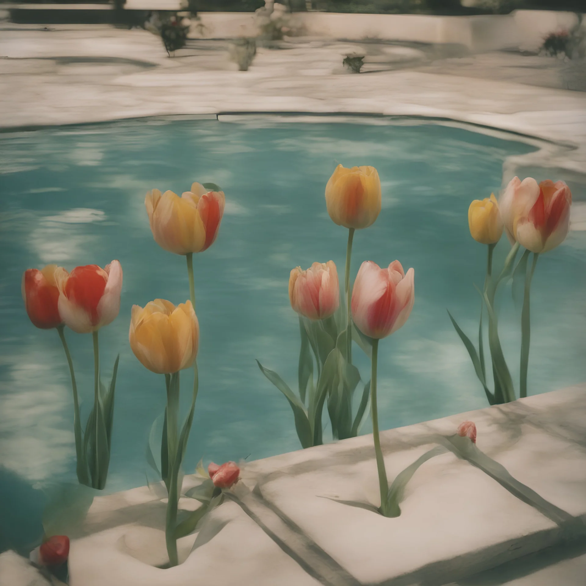 tulips in a swimming pool, autochrome