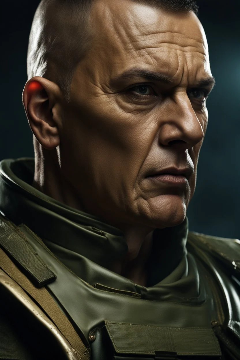 portrait of a 50 year old evil military commander. Cruel expression, dark crew cut hair,