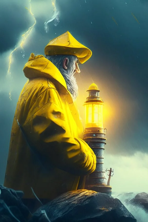 close up on old seafarer smoking pipe, sitting in yellow raincoat on rocks beneath a blurred unreal bright white lighthouse, storm clouds, volumetric fog, lightening, volumetric light,depth of field, fantasy art, 4k, highly detailed, evening