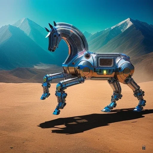 fullbody Drawing of 'Robot Horse',all metal parts,intricate detail,andrea bonelli,Kilian Eng,Ohrai,evan lee,Aleksandr Sidelnikov,KyuYong Eom,three quarters frontal aerial view,toned colors,16k