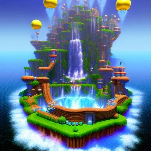 New map by super mario 3d land with waterfalls, 3d, high detail, symbols, 4k, ray traing, render, future punk, steam punk, magic in blue colors, no other place