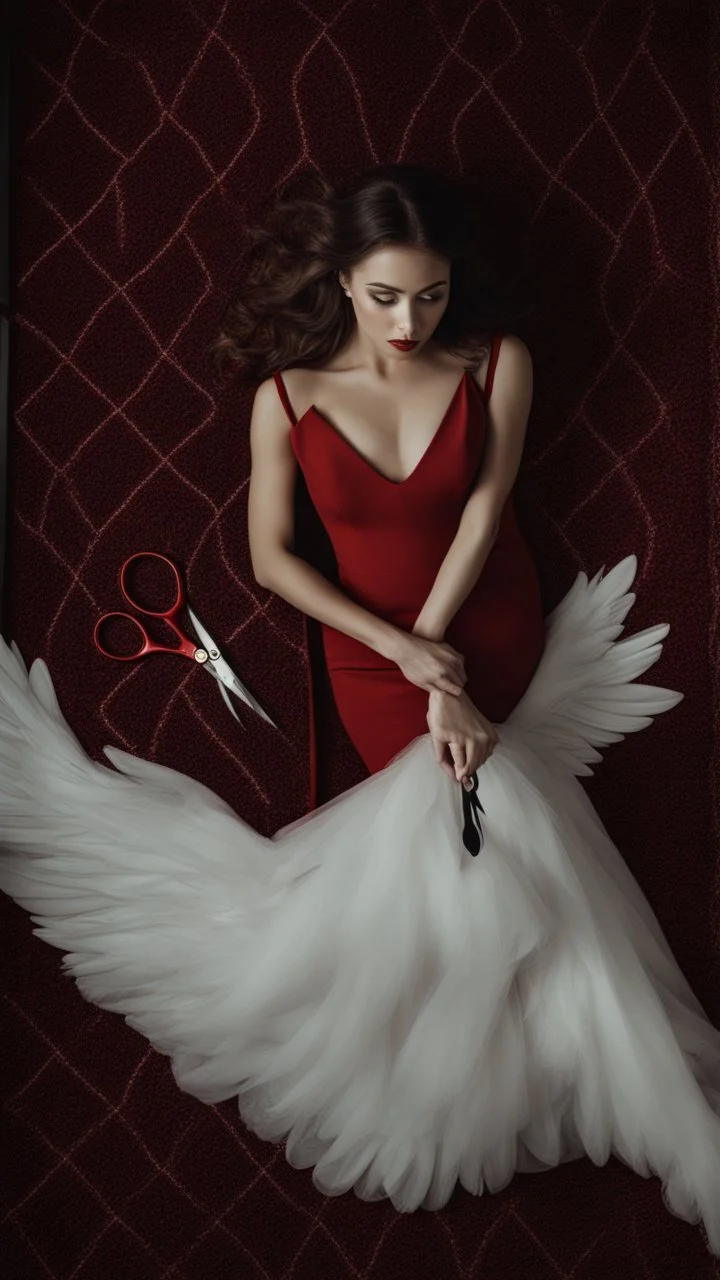 White wings, red dress, scissors. Above black and luxurious carpet. Cinematic picture from above