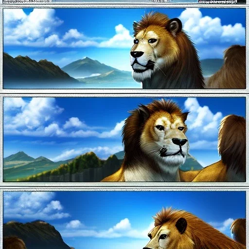 anthropomorphic Lion Warrior, realistic, HD4k, watery cloud background, close up shot,