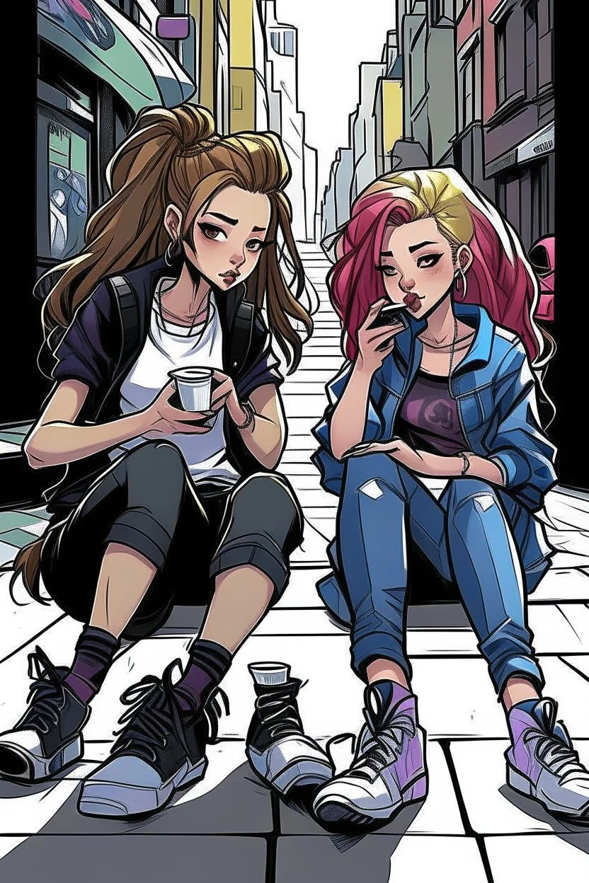 çizgi roman tarzıiki kız beraber sokakta oturuyorlar yaşları daha büyük liseliler daha renkli kızlardan birinin saçı kabarık diğerininki ise biraz uzun geniş açı ikisininde vücudu tam görünsün 2 boyutlu çizgi roman tarzı koyu gölgelendirme ayakları düzelt 3 boyutlu