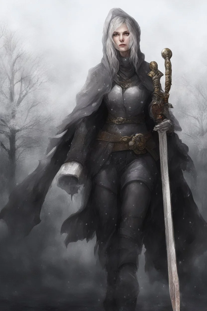 A female cleric dressed for the cold with a sword. Snowy background