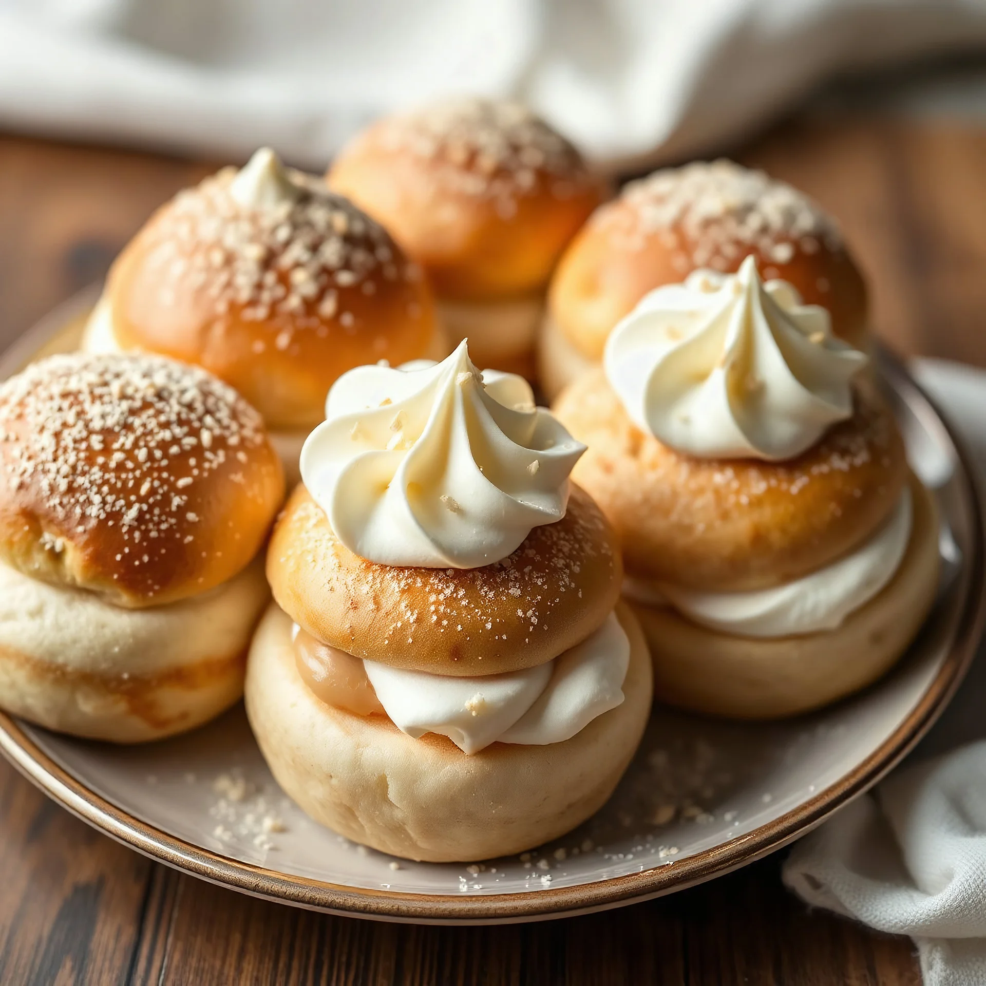 A full-view image of freshly baked Semlor buns 🇸🇪 filled with whipped cream 🍶 and almond paste 🌰 on a plate.