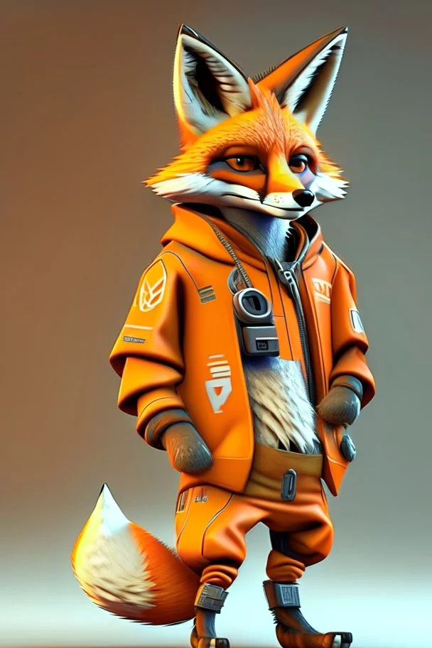 Fox character dressed in tech clothing in orange, in 3D realistic