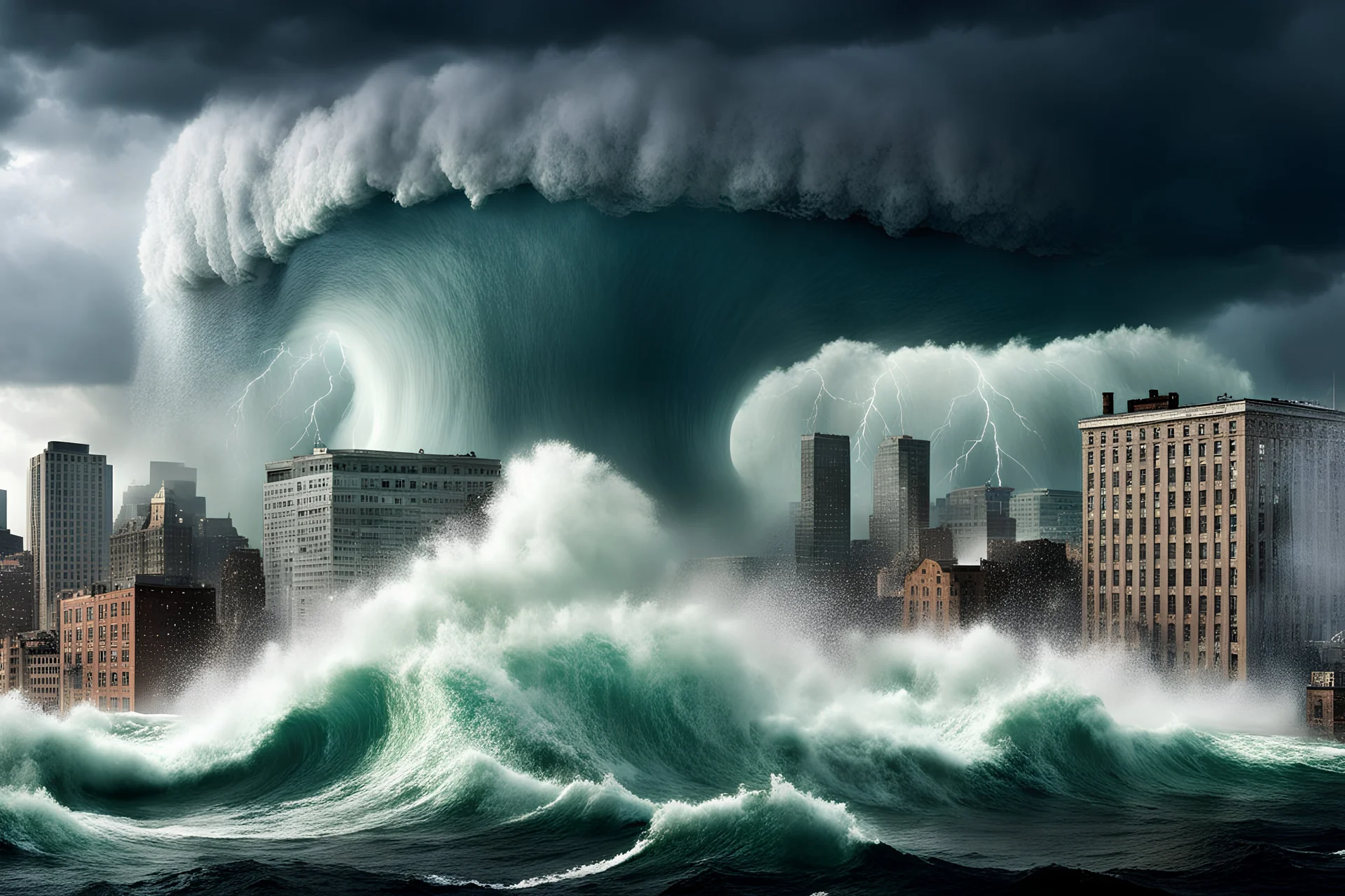 storm of the century, wall of water barreling into Boston harbor, flooding, downpour, tornados, lightning, tidal wave, dramatic typhoon crashing into city cresting storm walls, raging storm, modern disaster movie scene, by Michael Bay, by Stephen Wilkes, building breaking apart, dystopia