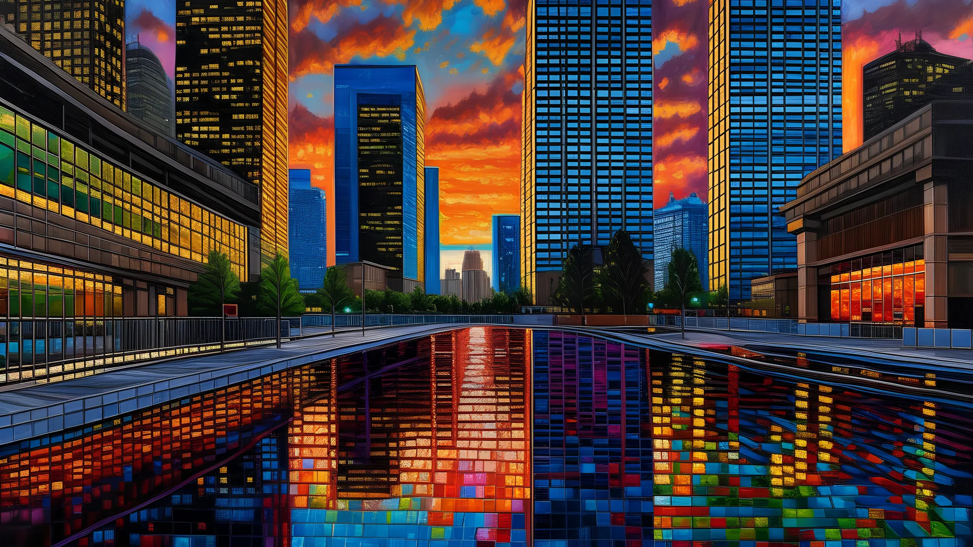 A cityscape at dusk, capturing the play of light on skyscrapers and reflecting pools, painted with a realistic and colorful touch. Realistic, Colorful Art, Paint, Fujifilm X-T3, 35mm wide-angle lens, f/1.8 aperture, evening, urban, Oil on Canvas.