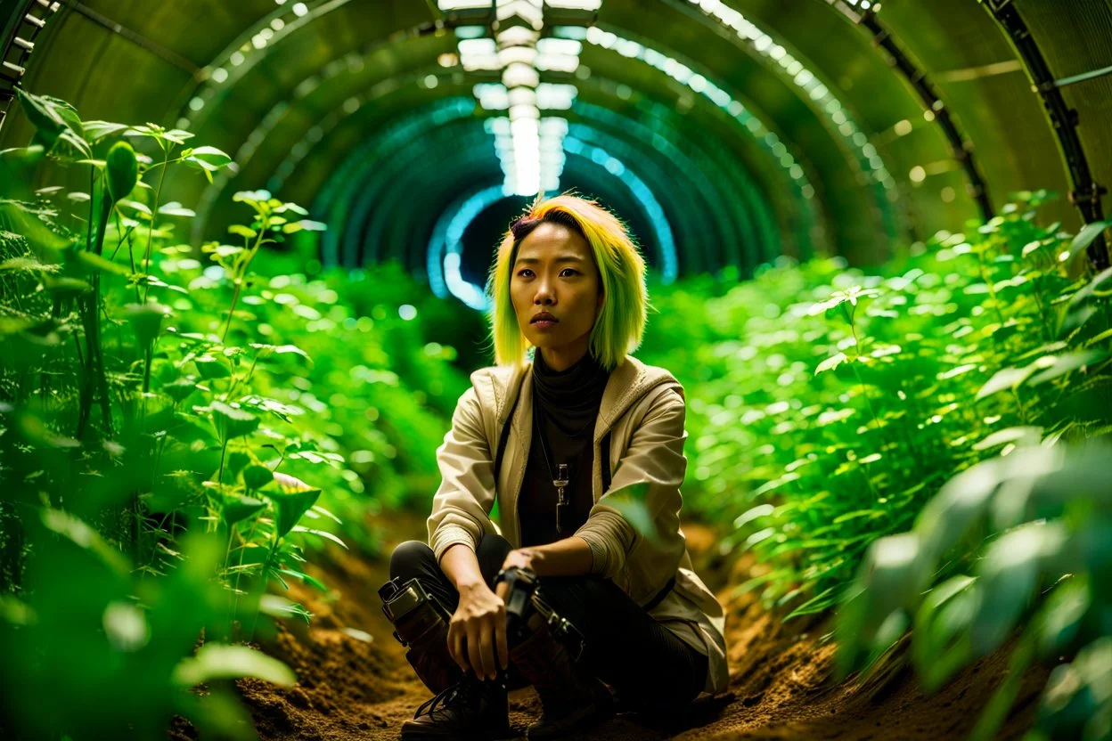 Unground solar punk tunnels, cinematic, extreme dof, dystopian, sci-fi, award-winning, Yui working hard in a garden, National Geographic, breath taking, oxygen farm but outside is a desert, fantasy, magical, geometry