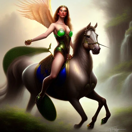 fullbody portrait of beautiful busty amazon woman with big green eyes riding a horse by Luis Ricardo Falero 8k