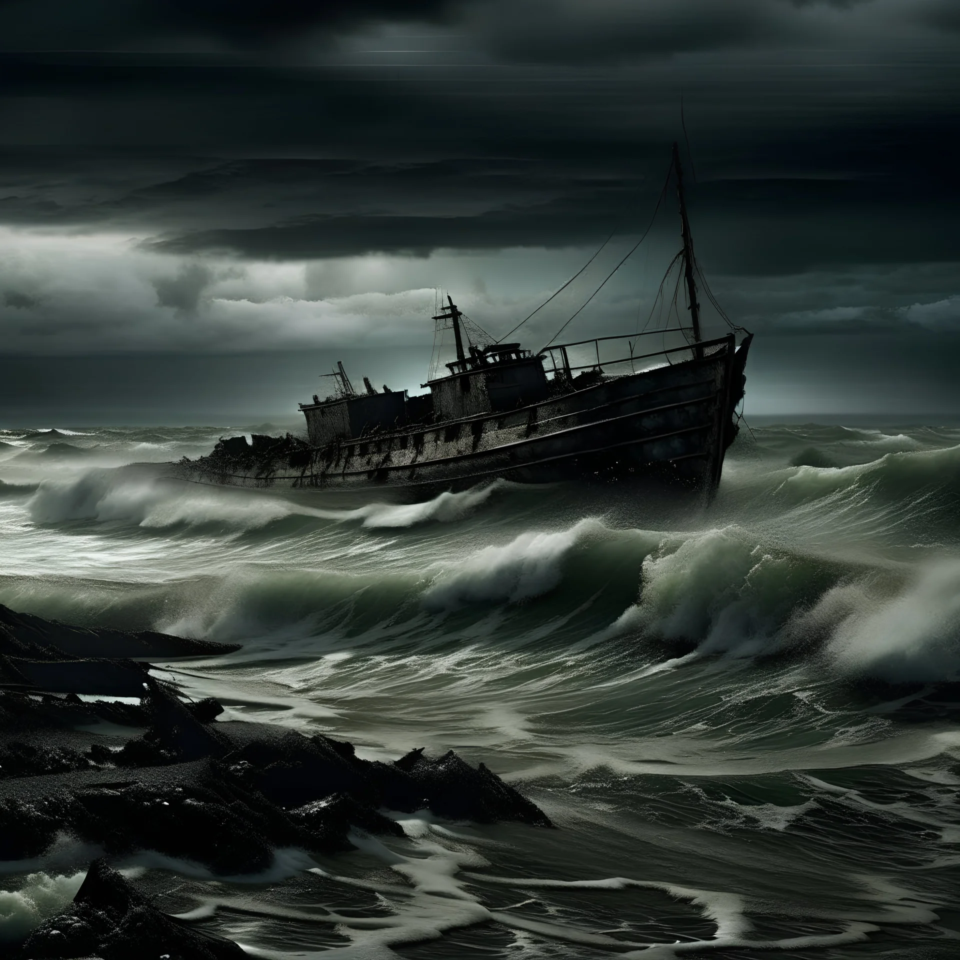 ocean storm black sky shipwreck
