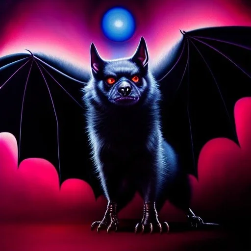 Ultra detailed fullbody Portrait in oil on canvas of MAN-BAT Villain,extremely detailed digital painting, extremely detailed face,crystal clear Big glowing eyes, mystical colors ,perfectly centered image, perfect composition, rim light, beautiful lighting,masterpiece,8k, stunning scene, raytracing, anatomically correct, in the style of robert e howard and Wizyakuza and Ohrai Noriyoshi and Simon Bisley and uncannyknack