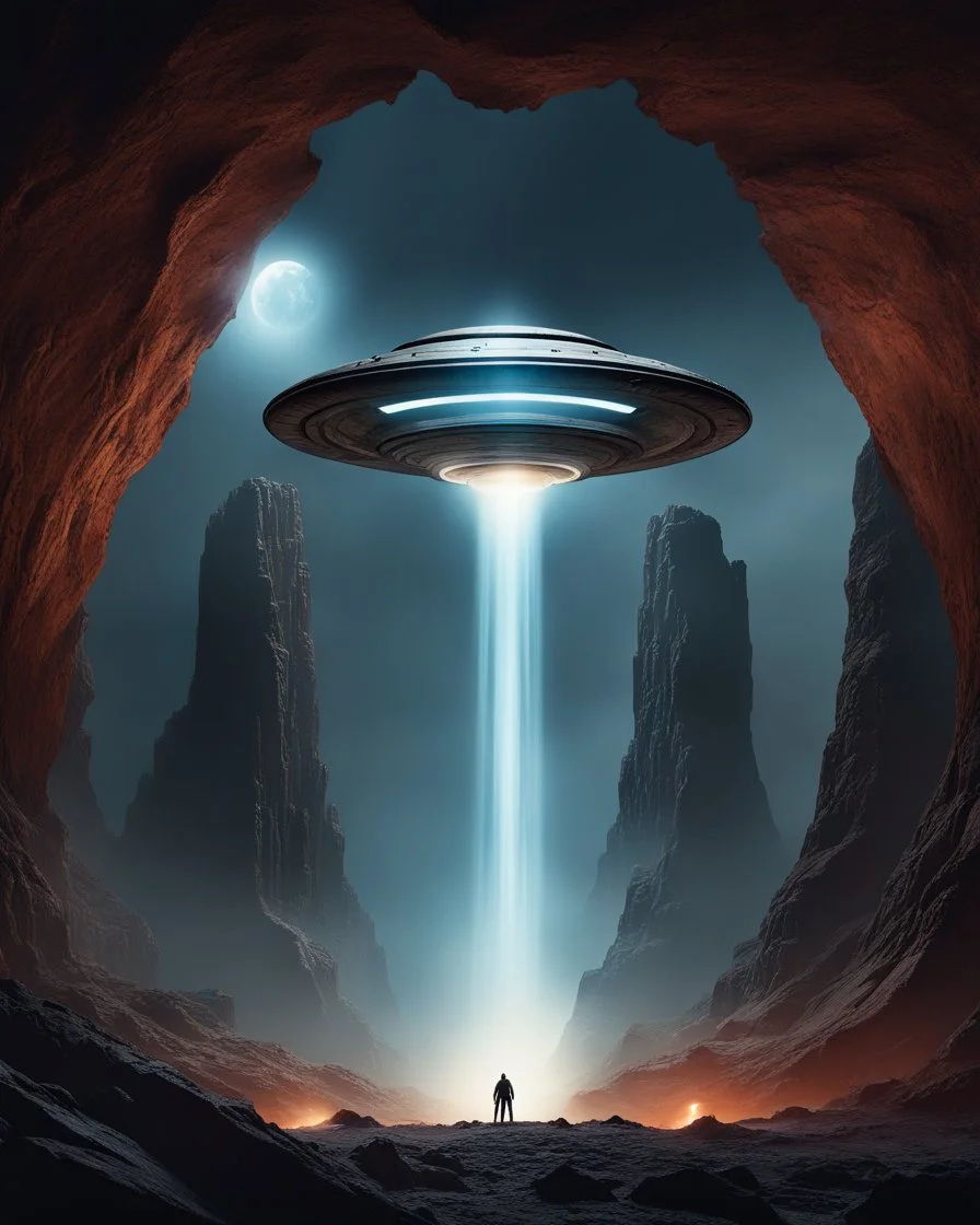 a ufo spaceship raise up through the chasm of the underworld