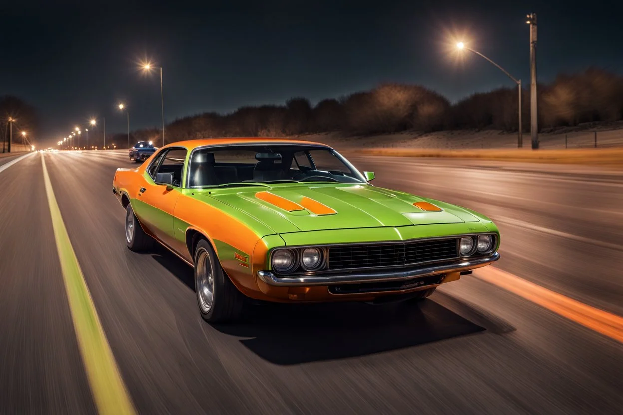 Fotorealistisch Frontalperspektive nah von limettengrünem 1973er Plymouth Barracuda und orangem 1980er Chevrolet Camaro Z28 auf nächtlicher Autobahn beim überholen