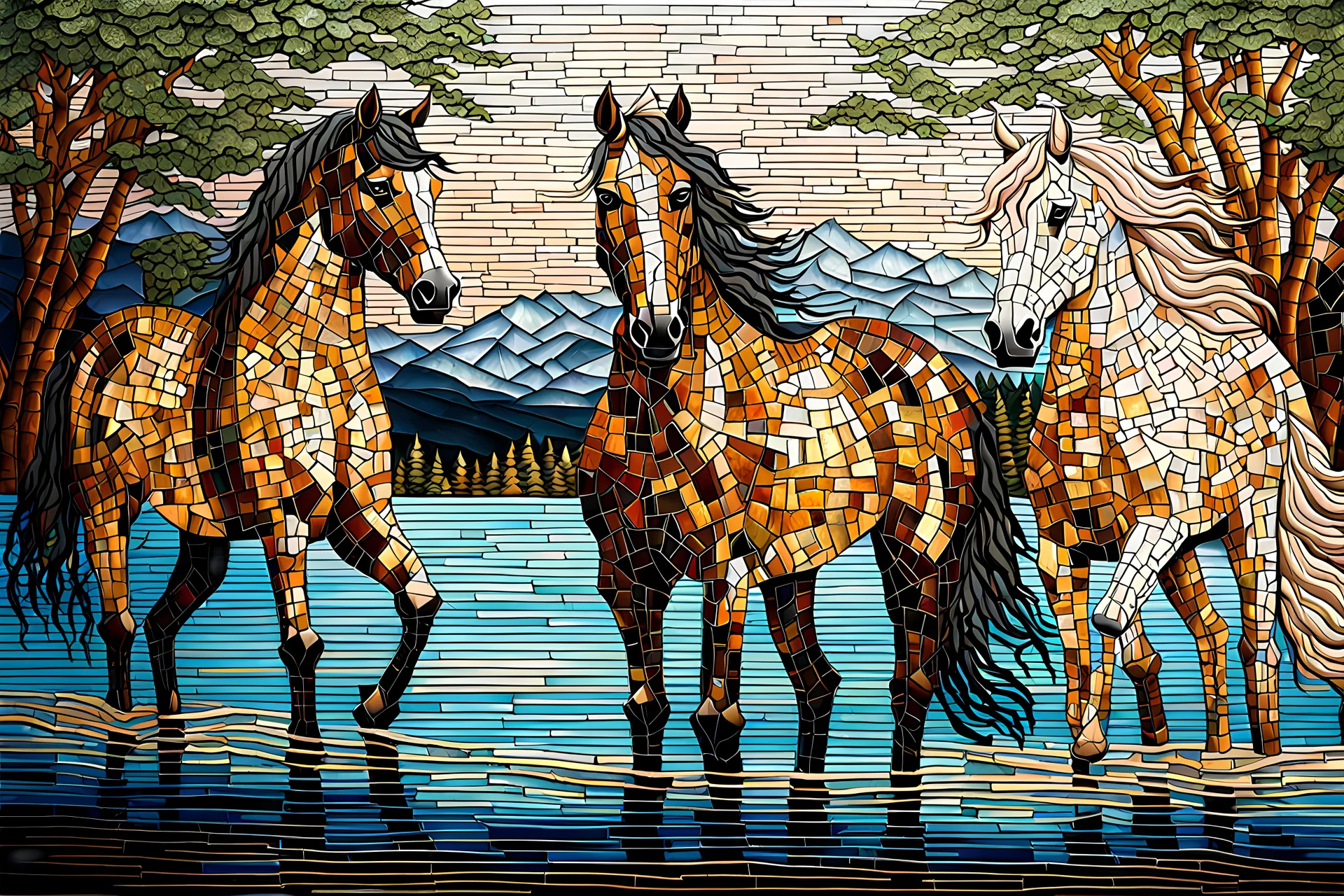 A beautiful artwork depicting an ancient horses lake side created using the technique of intricate broken mirror mosaic. The artwork showcases impeccable attention to detail, with each individual piece carefully crafted and arranged. The fragmented mirror pieces create a mesmerizing effect, adding a touch of elegance to the overall composition. The artist's skill in executing this technique is truly commendable.