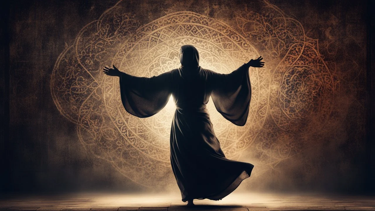 The Mystical Sufi Dance with dark grungy rustic background at night & Glowing-Islamic-Pattern