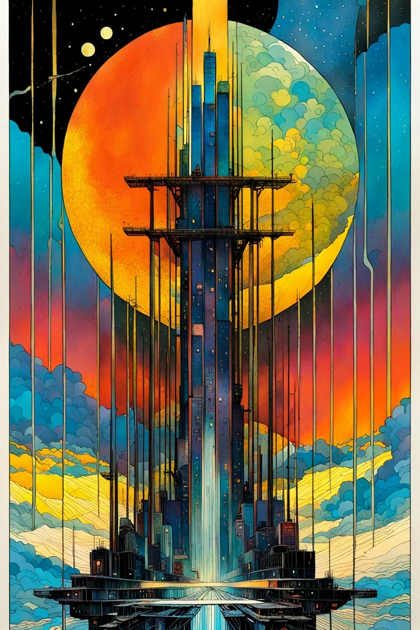 Create a chaotic abstract cubist Tarot Card depicting a post apocalyptic, The Ten of Swords , in the style of Bill Sienkiewicz, Philippe Druillet, Gustav Klimt, and Jean Giraud Moebius, precisely drawn, colored and inked, with bordered edges