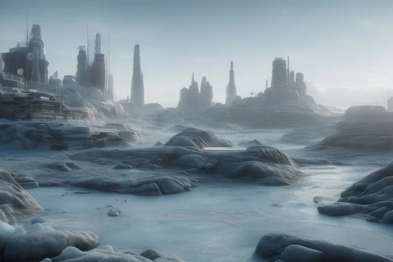 ice, lagoon, seashore, distant futuristic city, epic, sci-fi