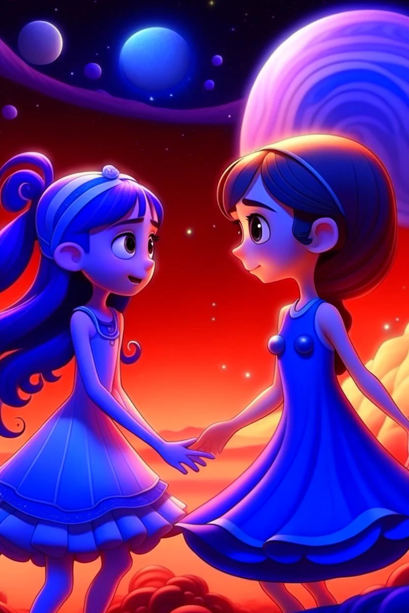 Pixar tarzı İki yakın arkadaş(iki küçük kız) biri pembe ve diğeri mor elbise giyiyor mor elbiseli oturan pembe elbiseli kıza yardım ediyor arkaplan olarak ay ve güneş karışımı bir gezegen