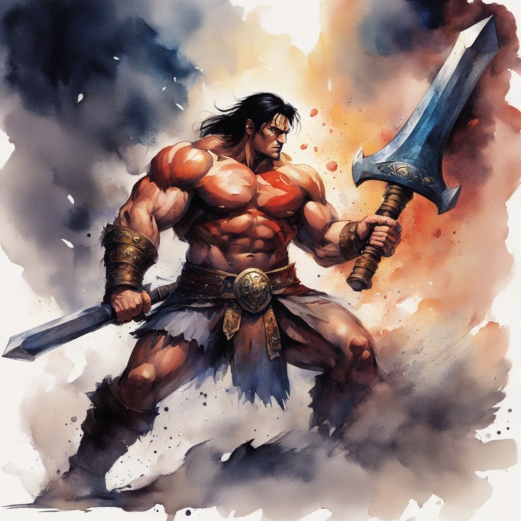 Aquarelle: Conan, mighty and fierce, grips his gigantic hammer, His hands firmly locked, ready to unleash its power. Strength and determination emanate from his stance, A force to be reckoned with, ready for the battle's dance.battles, and with his warhammer held ready, he is prepared to unleash his wrath upon any who dare to challenge him.