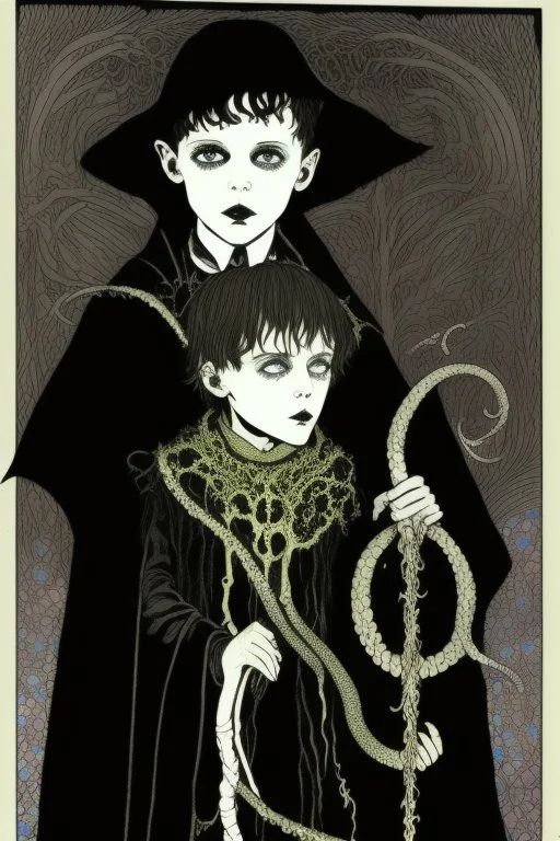 7 year old boy, necromancer, friendly, looks dead,with a lamprey serpent , wearing black robes, in the style of Harry Clarke