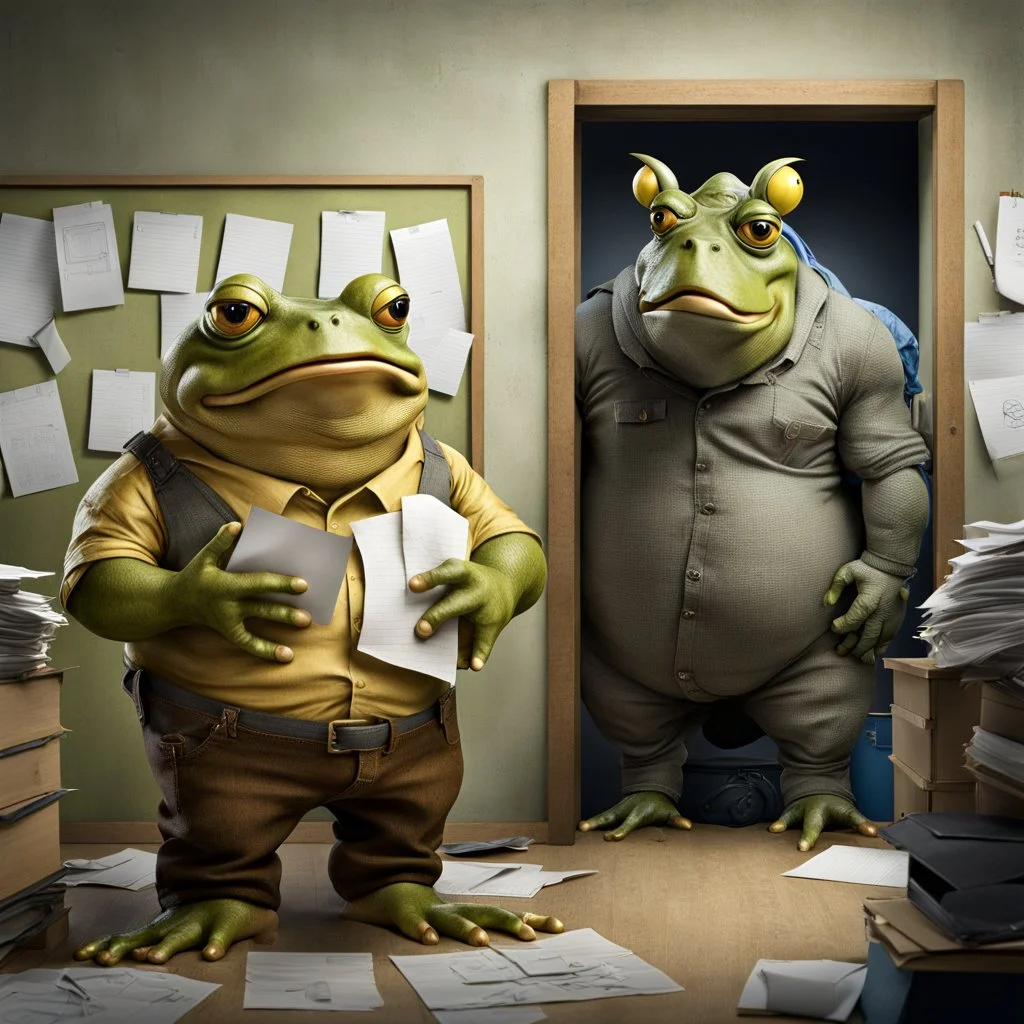 in front the camera be seen up to the waist a fat yellow-green color angry anthropomorphic frog in simple human cloths and take his hands many paper in office, on the wall hang an wall board with some written sheets of paper, behind in background an big strong anthropomorphic gray rhinoceros standing in blue jeans , t-shirt behind in halb open door , dark colors, detailed 3d, sci-fi, fantasy mood